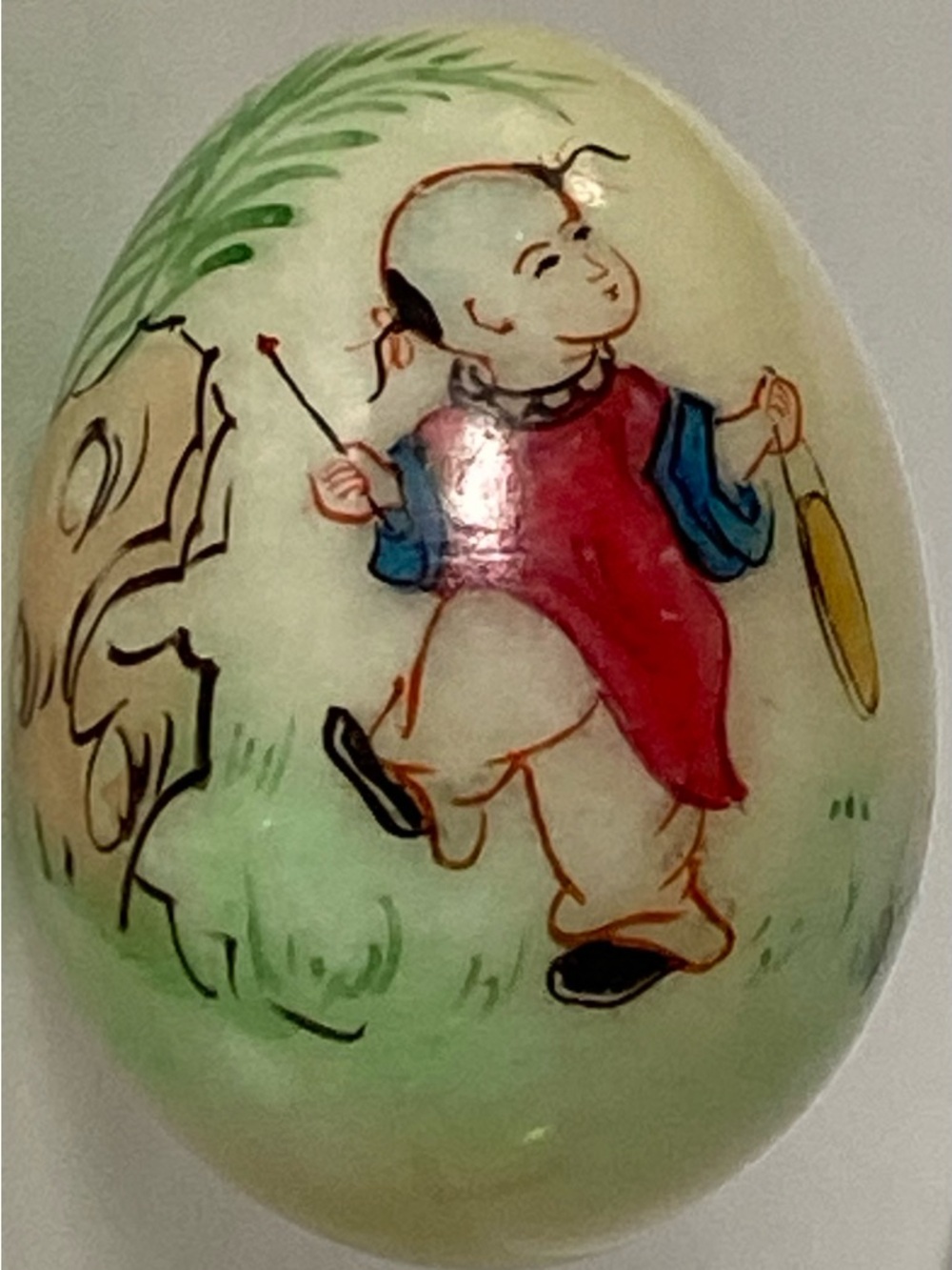 Stone Hand Painted Egg Asian Art Little Boy Gong Music Marble Signed 2.5” EUC